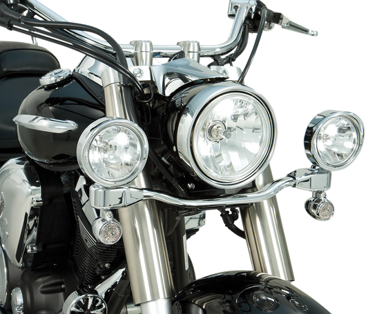 Bill's Exhausts SHOW CHROME driving light kit installed on V-Star 950 engine, featuring chrome finish and compact design.
