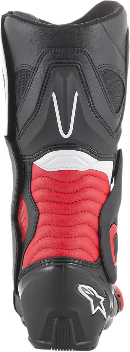 Alpinestars SMX-6 v2 motorcycle racing boots in black and red, US 10.5, EU 45, featuring protective design and sturdy construction