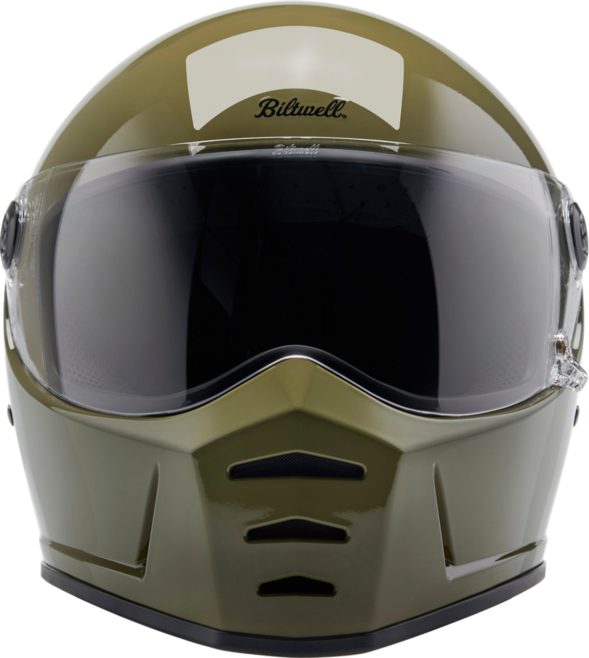Bill's Exhausts BILTWELL Lane Splitter helmet in gloss olive green, XL size, with a sleek, aerodynamic design and matte finish.
