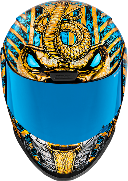 Bill's Exhausts ICON Airform Pharaoh Gold helmet in large size, featuring a shiny gold finish and detailed design.