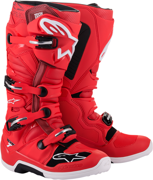 Alpinestars Tech 7 motorcycle boots in red, US 13, with reinforced soles and ankle protection, designed for off-road riding.