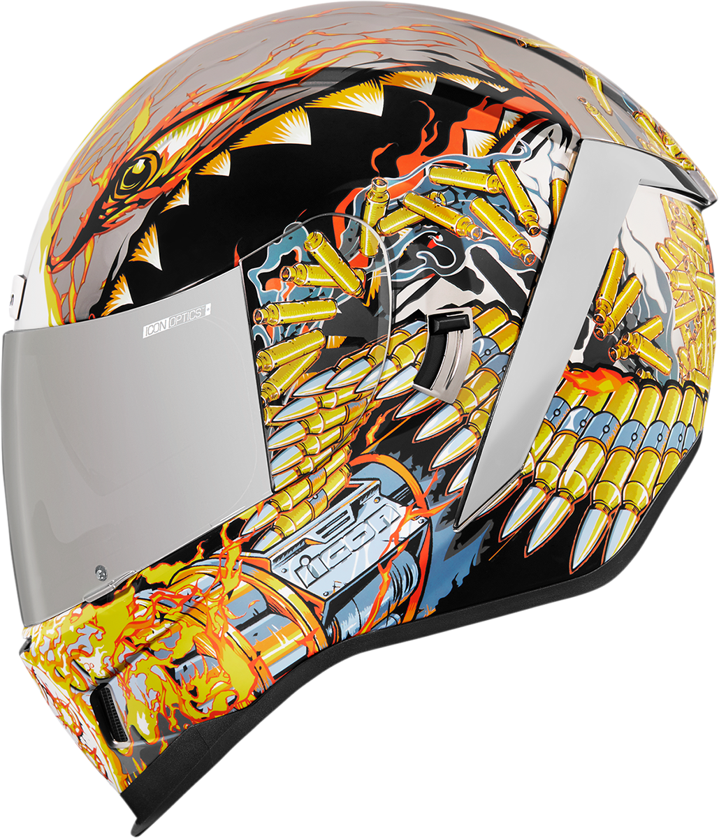 Bill's Exhausts ICON Airform Warthog medium helmet with aerodynamic design and vibrant graphics.