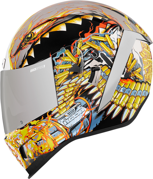 Small ICON Airform Warthog helmet by Bill's Exhausts, featuring a sleek design and matte finish, shown from the front angle.