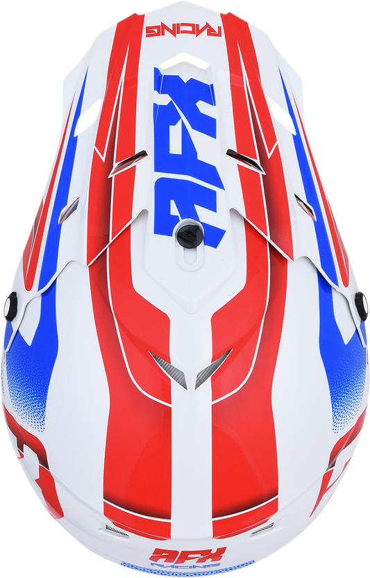 Bill's Exhausts AFX FX-17 Peak Force helmet in red, white, and blue with aerodynamic design and clear visor for motorcycle riding.