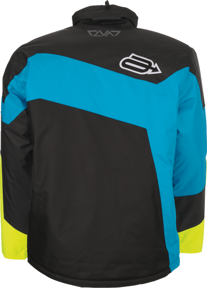 Bill's Exhausts ARCTIVA Pivot 6 Jacket in black, blue, and hi-vis colors, size XL, shown with front view and adjustable hood.