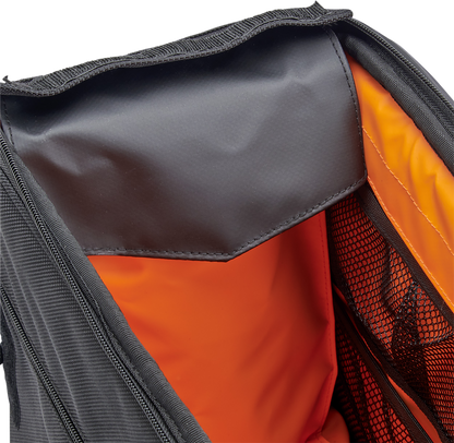 Black Biltwell Exfil-36 Saddlebags on a motorcycle, showing durable leather construction and secure mounting straps.