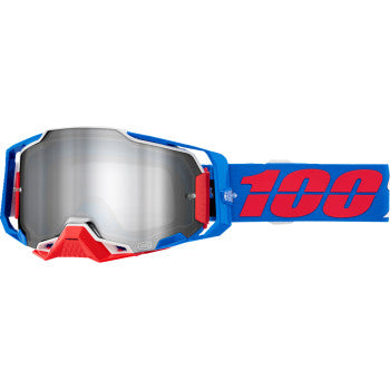 Bill's Exhausts 100% Armega Goggle Ironclad silver mirror goggles with sleek design and reflective lens for eye protection.