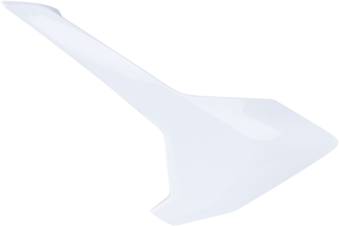 A set of white Acerbis side panels for motorcycle body, designed for durability and a sleek look.