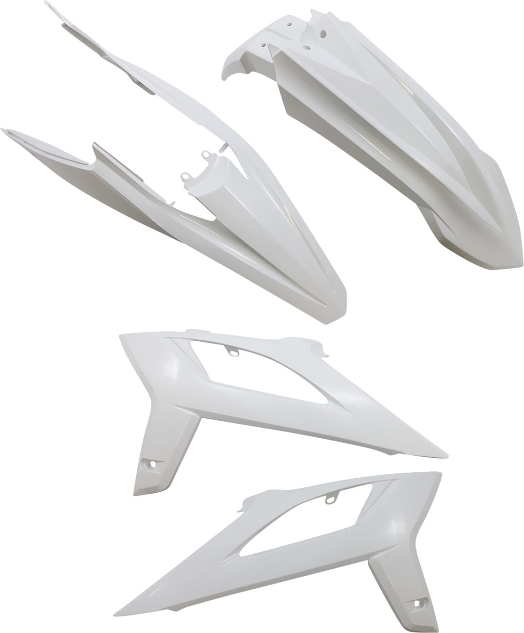 A white Acerbis standard replacement body kit for motorcycles, showing assembled body panels with smooth surface and aerodynamic design.