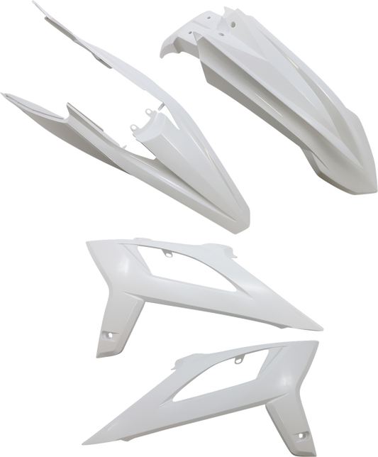 A white Acerbis standard replacement body kit for motorcycles, showing assembled body panels with smooth surface and aerodynamic design.
