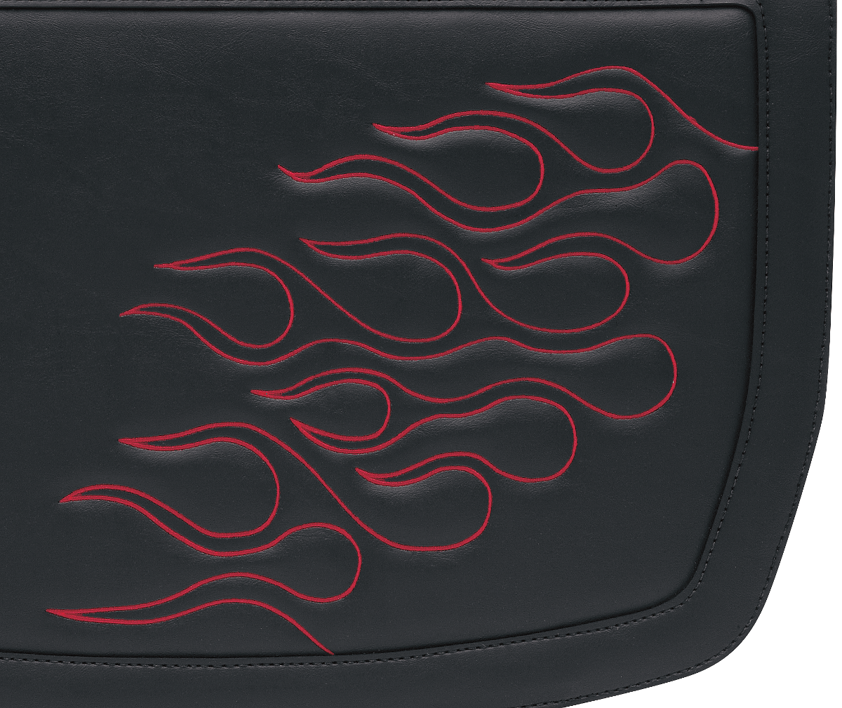 Large dark red Saddlemens Flame saddlebag on motorcycle seat, designed for durable storage and stylish ride enhancement.