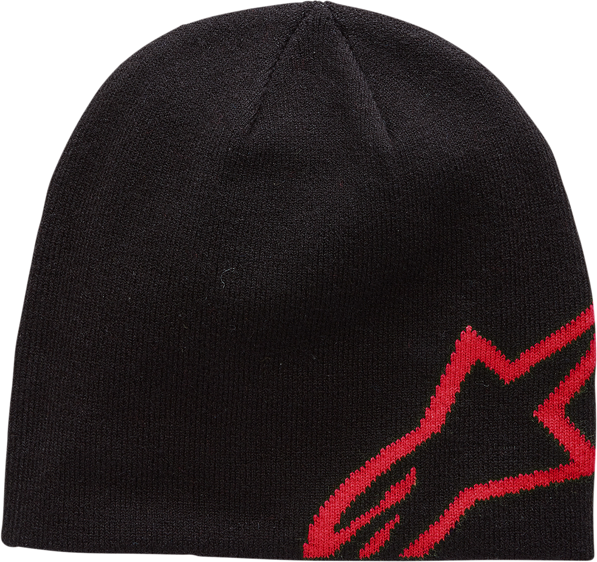 Black and red Alpinstars Corp Shift Beanie showing the brand logo, made of soft knit fabric, one size fits all.