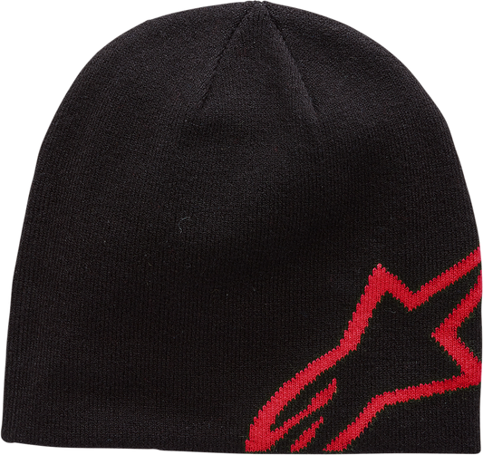 Black and red Alpinstars Corp Shift Beanie showing the brand logo, made of soft knit fabric, one size fits all.
