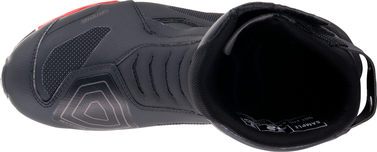 Black Alpinestars Stella RT-7 Drystar® motorcycle boots with reinforced soles and ankle protection, US 3.5 size.