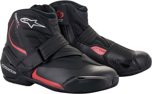 Alpinestars SMX-1 R v2 motorcycle boots in black and red, US 14, EU 50, showcasing reinforced protection and stylish design