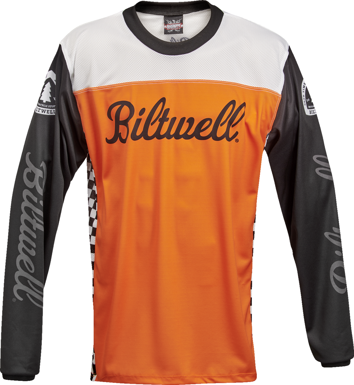 Orange and black BILT WELL Good Times jersey T-shirt in small size, featuring bold graphic design and comfortable fit.
