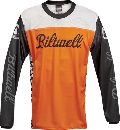 Orange and black BILT WELL Good Times jersey T-shirt in small size, featuring bold graphic design and comfortable fit.
