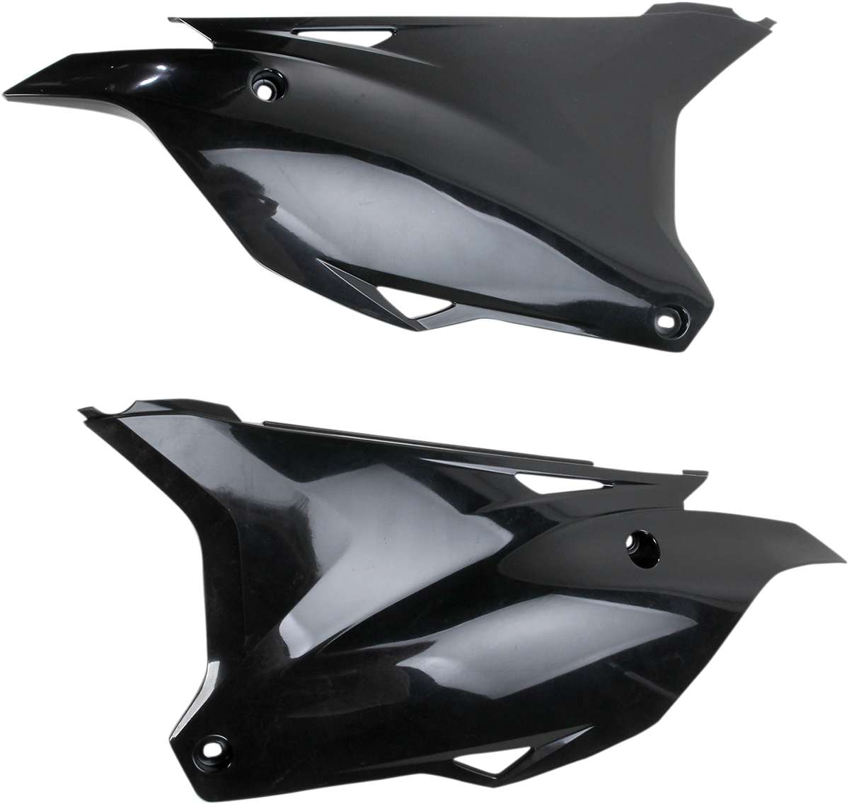 Black Acerbis side panels for motorcycle body, designed for durability and fitment, shown on a clean background.