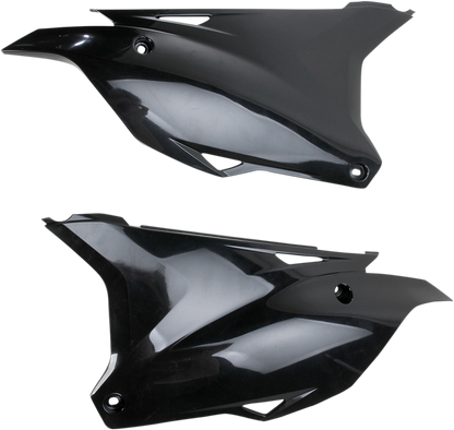 Black Acerbis side panels for motorcycle body, designed for durability and fitment, shown on a clean background.