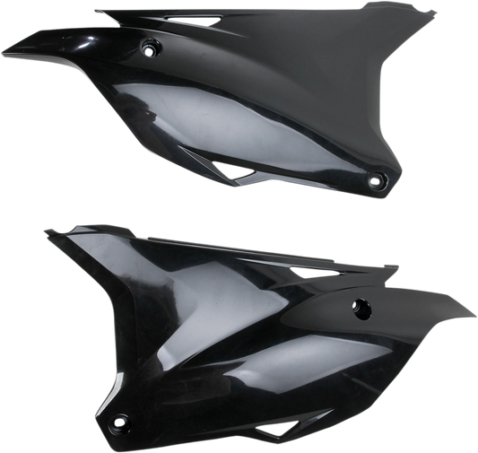 Black Acerbis side panels for motorcycle body, designed for durability and fitment, shown on a clean background.