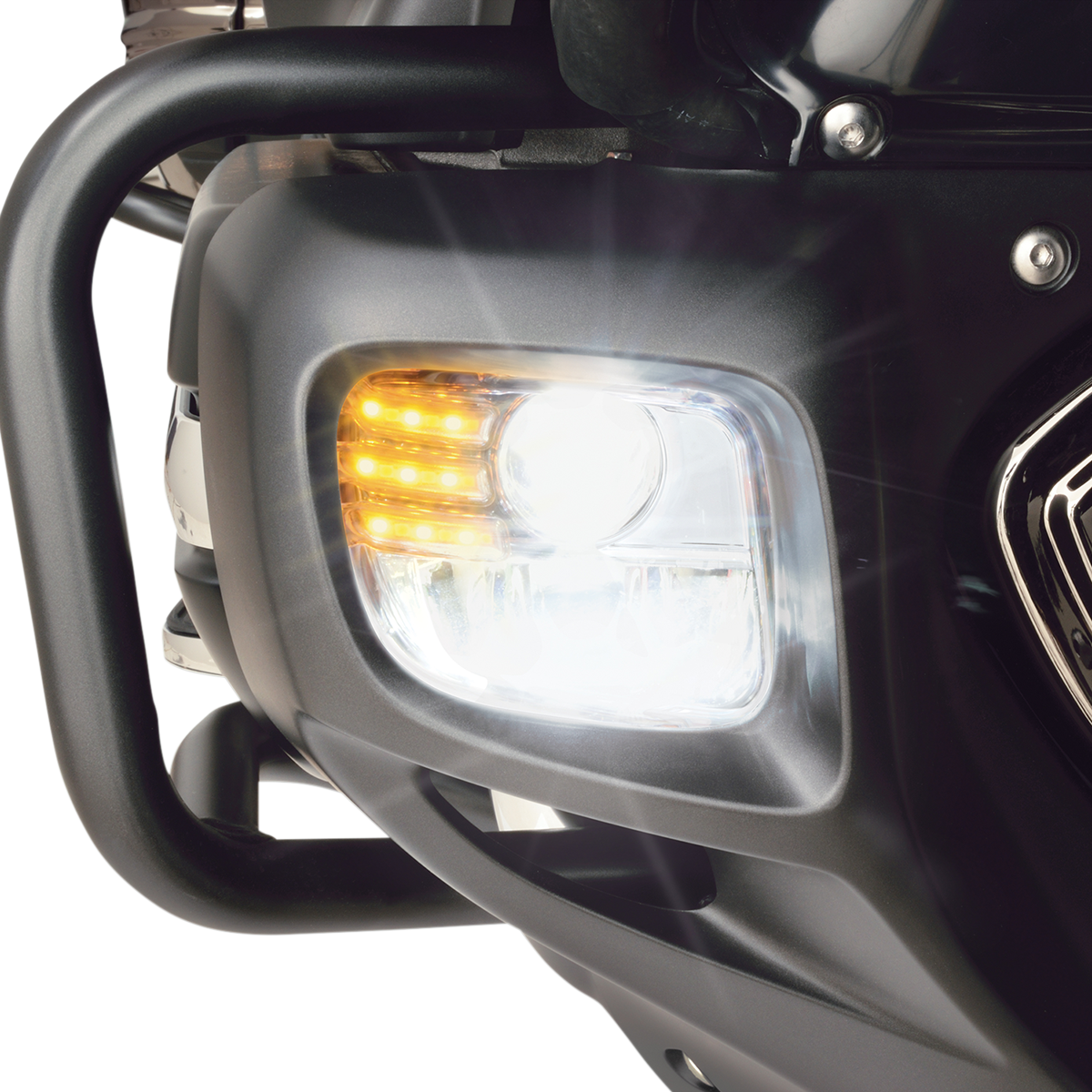 Bill's Exhausts SHOW CHROME LED Fog Lights Kit for 2012-2017 Honda GL1800 motorcycle, engine-mounted with chrome finish.