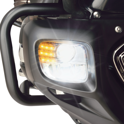 Bill's Exhausts SHOW CHROME LED Fog Lights Kit for 2012-2017 Honda GL1800 motorcycle, engine-mounted with chrome finish.