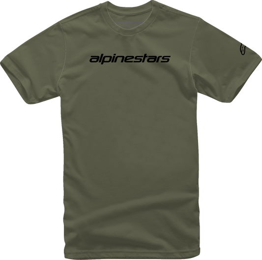 Black ALPINESTARS Linear Wordmark T-Shirt in 2XL, casual fit, with brand logo on the front, military-style design.