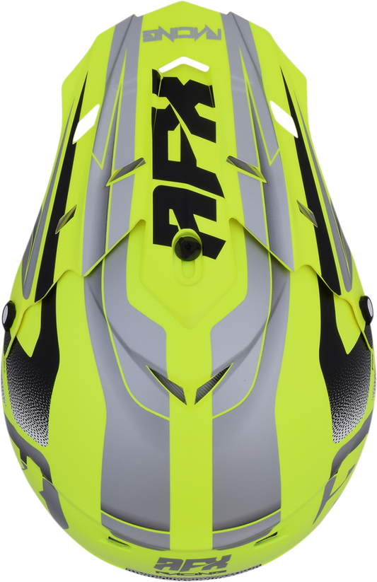 Bill's Exhausts AFX FX-17 Peak Force helmet in matte neon yellow and silver, featuring a sleek aerodynamic design.
