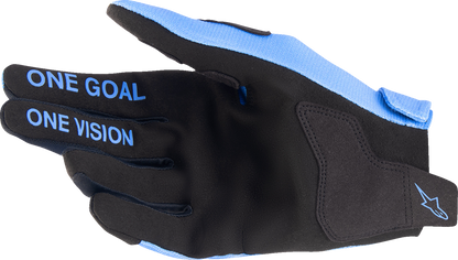 Youth ALPINESTARS Radar Gloves in light blue and black, medium size, showing padded knuckles and adjustable wrist straps.