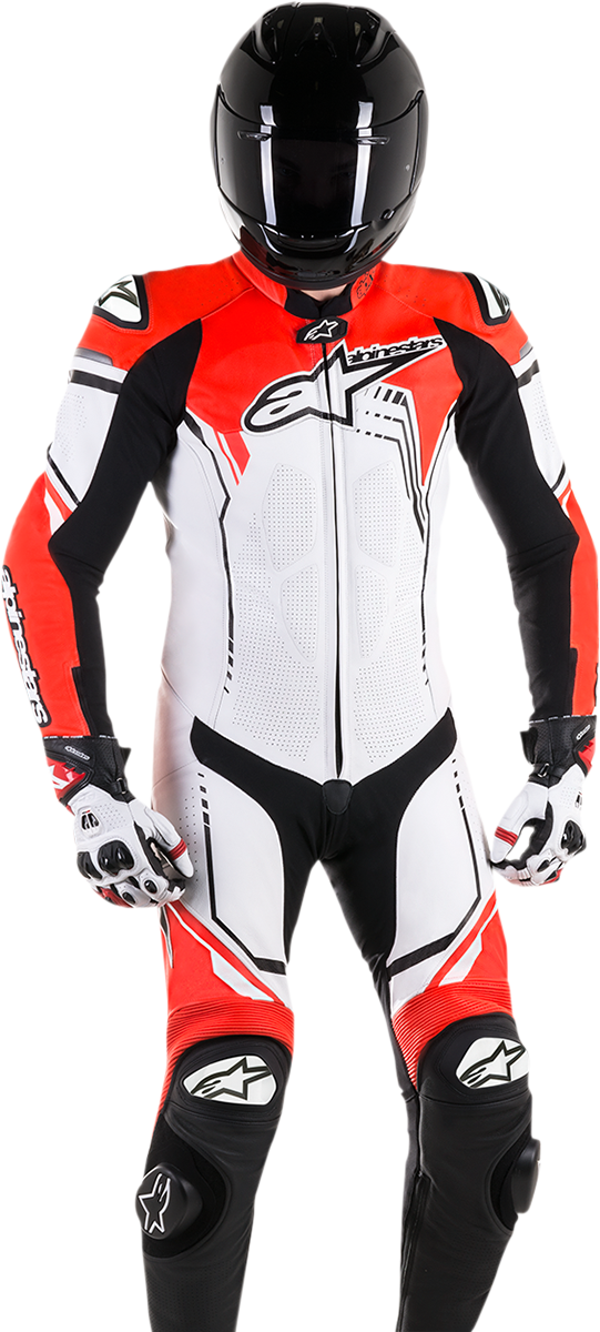 Alpinestars GP Plus v2 1-piece leather motorcycle suit in white, black, and red fluorescent, US 46 / EU 56, front view.