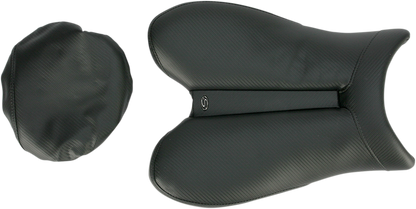 Black SADDLEMEN Gel Channel Track Carbon Fiber Sport Seat for R6 motorcycle, featuring sleek carbon fiber design and ergonomic shape
