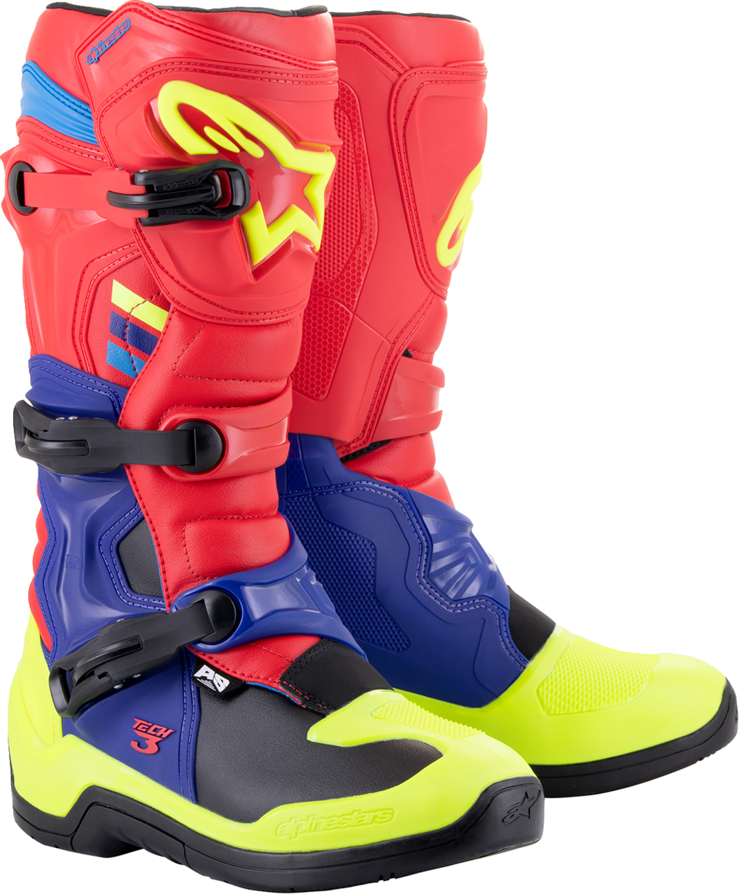 Alpinestars Tech 3 motorcycle boots in red, blue, and yellow fluorescent with US size 9, showing the protective design and branding.