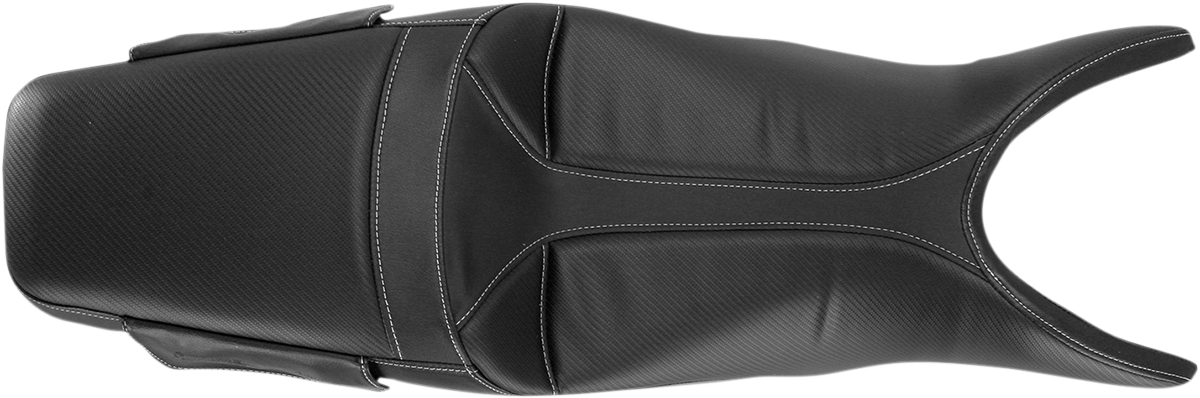 Black SADDLEMEN Adventure Tour Seat for Tiger 800 motorcycle, stitched one-piece design, standard size, by Bill's Exhausts.