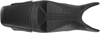 Black SADDLEMEN Adventure Tour Seat for Tiger 800 motorcycle, stitched one-piece design, standard size, by Bill's Exhausts.