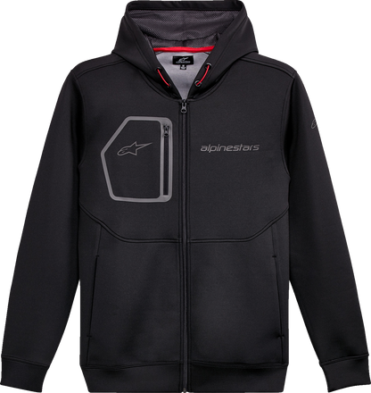 Black Bill's Exhausts Alpinstars Convex Tech Hoodie in large size, featuring a comfortable fit and modern design.