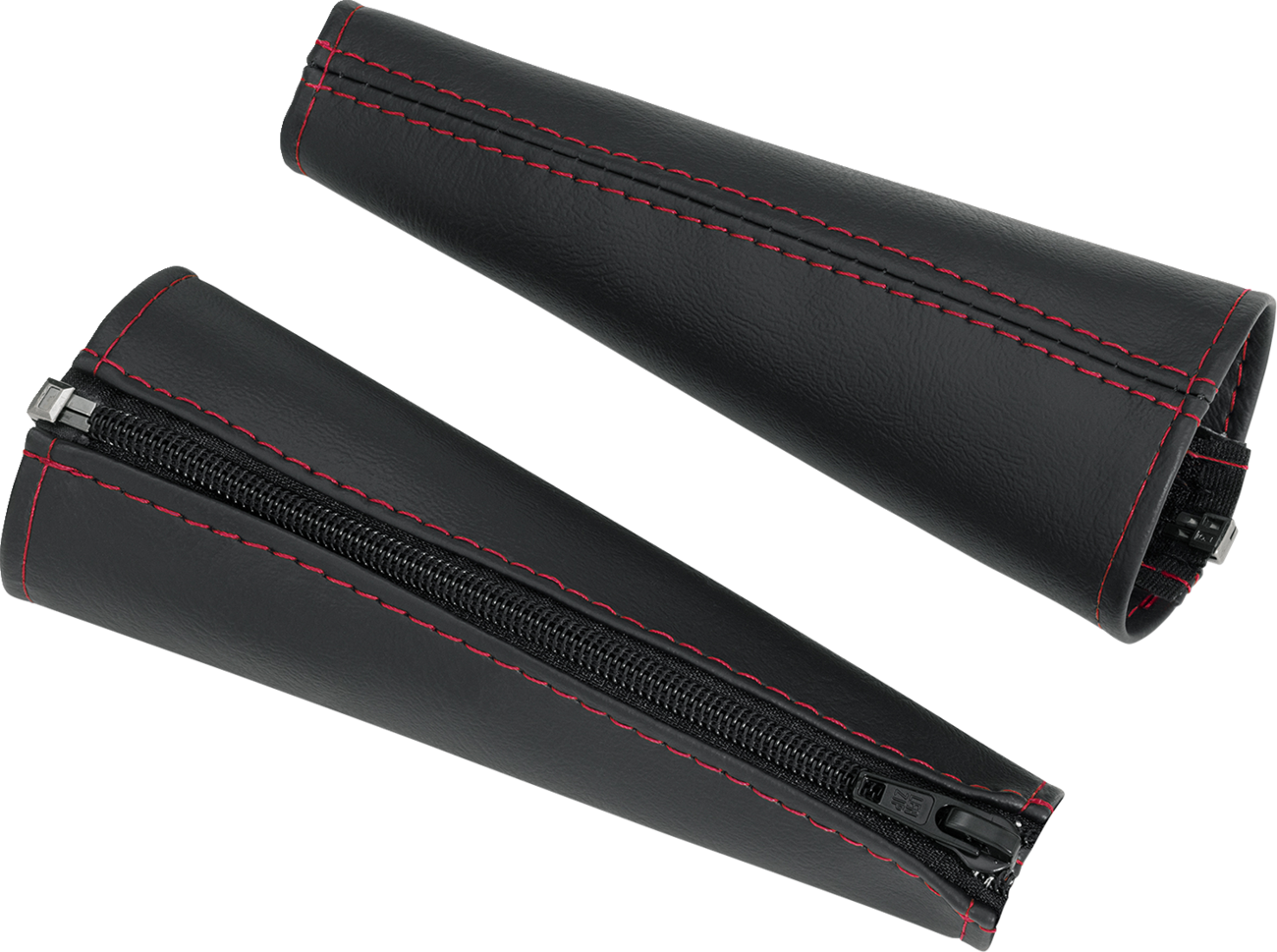 Black SHOW CHROME seat belt covers with red stitching, designed for engine safety and style by Bill's Exhausts.