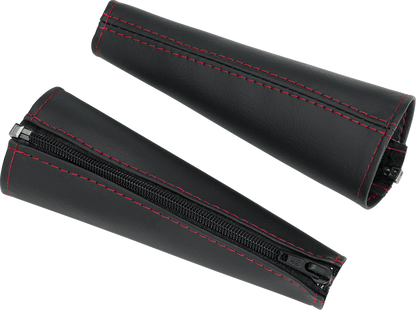 Black SHOW CHROME seat belt covers with red stitching, designed for engine safety and style by Bill's Exhausts.