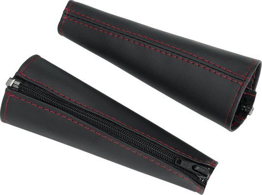 Black SHOW CHROME seat belt covers with red stitching, designed for engine safety and style by Bill's Exhausts.