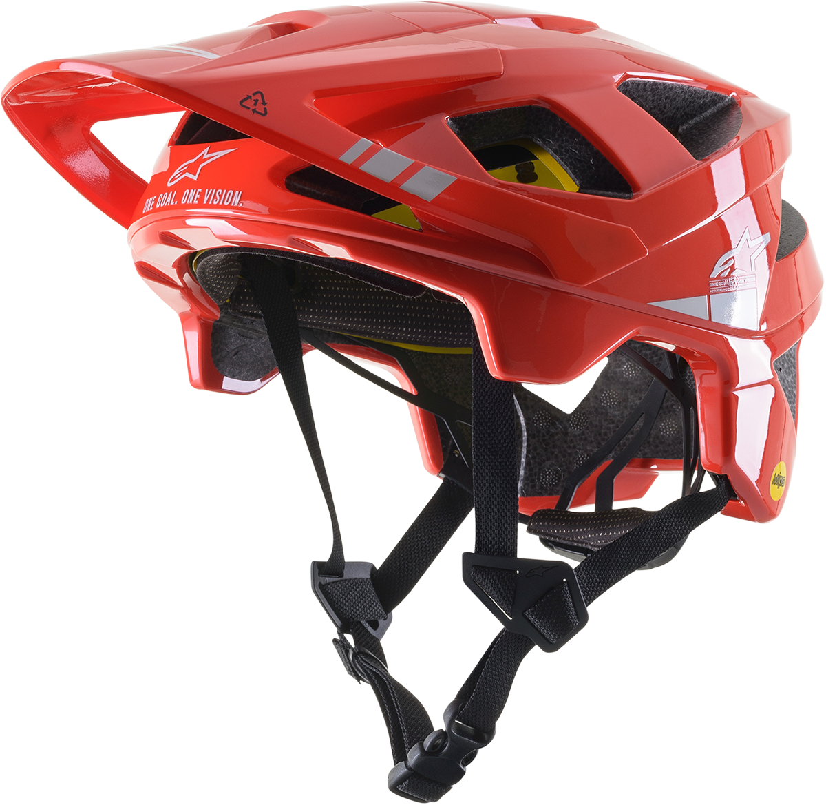 Bright red and light gray glossy Alpinestars Vector Tech bicycle helmet with MIPS® technology, large size, shown from side view.