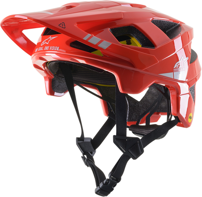Bright red and light gray glossy Alpinestars Vector Tech bicycle helmet with MIPS® technology, large size, shown from side view.