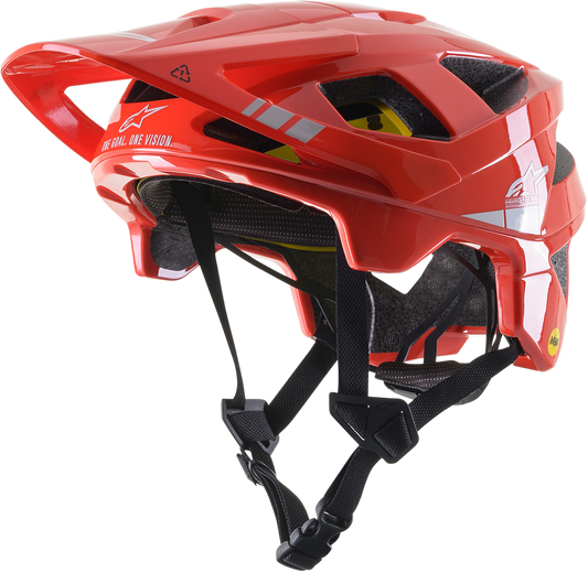 Bright red and light gray glossy Alpinestars Vector Tech bicycle helmet with MIPS® technology, medium size.
