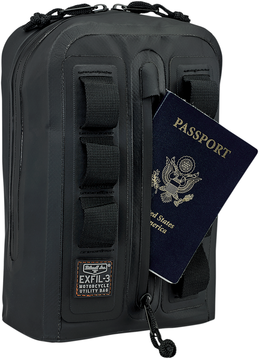 Bill's Exhausts BILTWELL handlebar bag 3008-01, black bag with adjustable straps and zipper closure for motorcycle handlebar storage.
