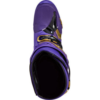 Alpinestars Limited Edition Salt Lake Tech 10 motorcycle boots in purple, gold, and black with US size 11, showing side view.
