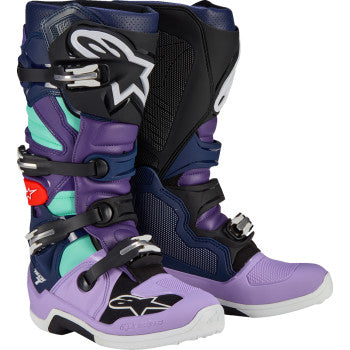 Alpinestars Limited Edition Imperial Tech 7 racing boots in purple, blue, and black with reinforced ankle protection and branding.