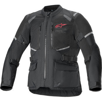Black Alpinestars Andes Air Drystar® motorcycle jacket in 4XL with protective features and breathable design, shown on a hanger.