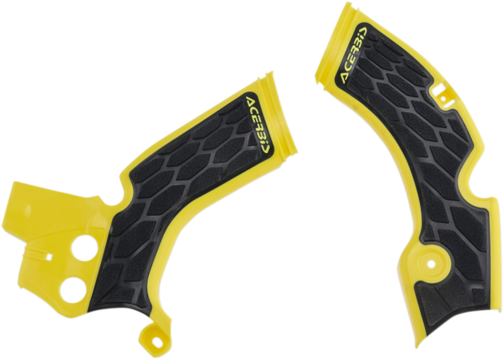 ACERBIS X-Grip Frame Guards in yellow and black on a motorcycle body, designed to protect the frame during riding.