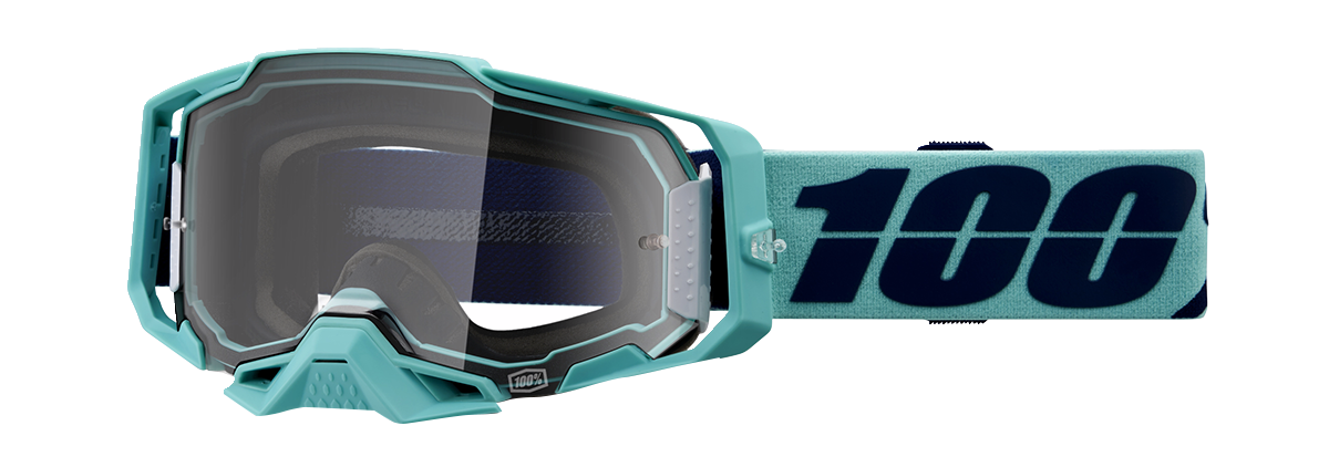 Bill's Exhausts 100% Armega Esterel goggles with clear lenses, featuring a snug fit and adjustable strap for motorcycle riding.
