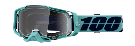 Bill's Exhausts 100% Armega Esterel goggles with clear lenses, featuring a snug fit and adjustable strap for motorcycle riding.