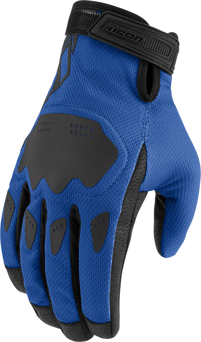 Blue ICON Hooligan CE gloves in XL size, featuring protective padding and durable material, designed for motorcycle riding.