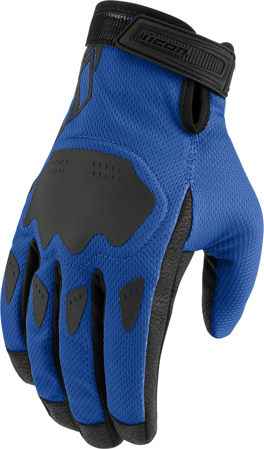 Blue ICON Hooligan CE gloves for men, large size, with padded knuckles and reinforced palm from Bill's Exhausts.